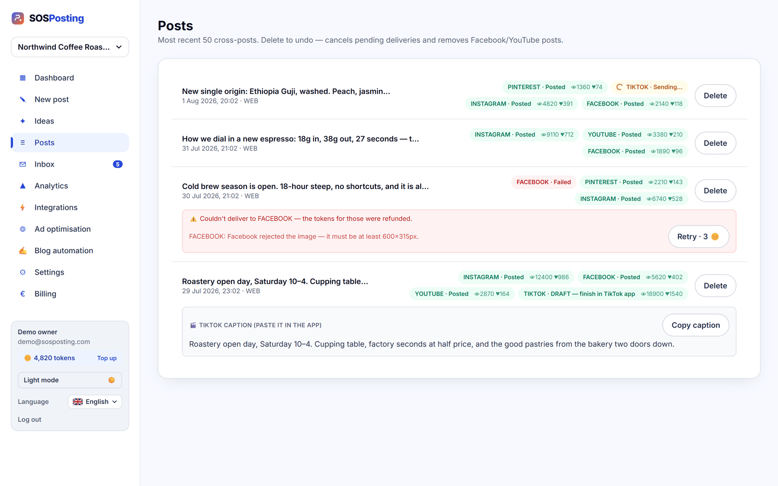 The SOSPosting posts screen: one post fanned out to Instagram, Facebook, TikTok, YouTube and Shopify, each row showing its own delivery status.